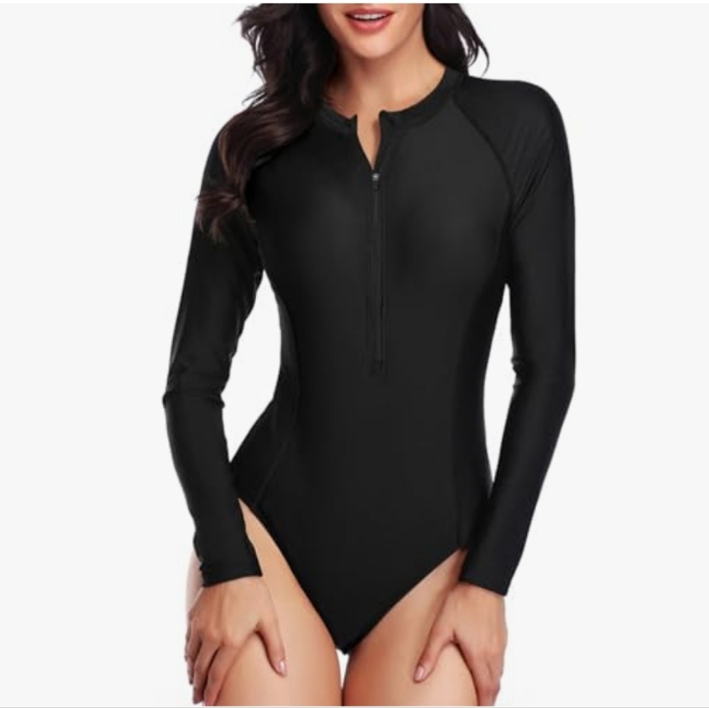#0292 🧜‍♀️ XXL NEW Blk 1 Piece RashGuard Swimsuit 50+UPF 21-24"ptp 18.5-24"Wst - Picture 15 of 16